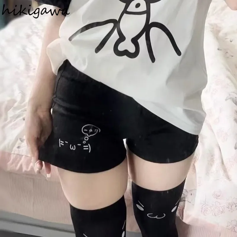 Cotton Shorts for Women Black Summer Pantalones Cortos De Mujer Print Japanese Fashion Casual Cute Pants 2024 New Bottoms 27x232