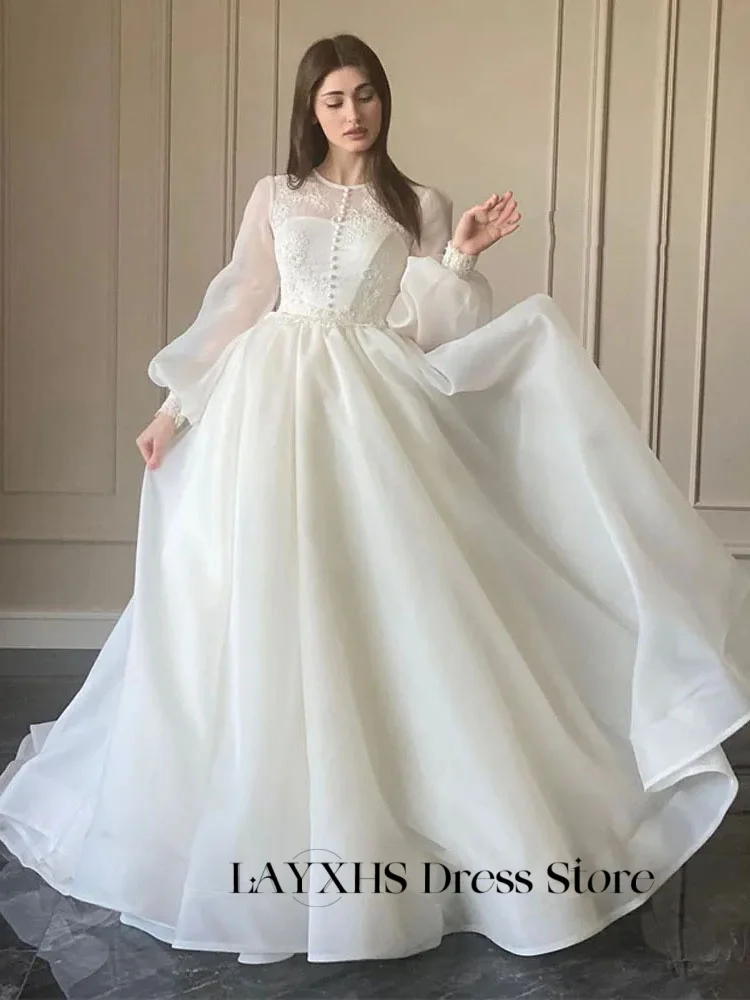 LAYXHS Modest Organza O-Neck Wedding Dress A-Line Button Lace Applique Puff Long Sleeves Bridal Gowns Customized robe de mariée