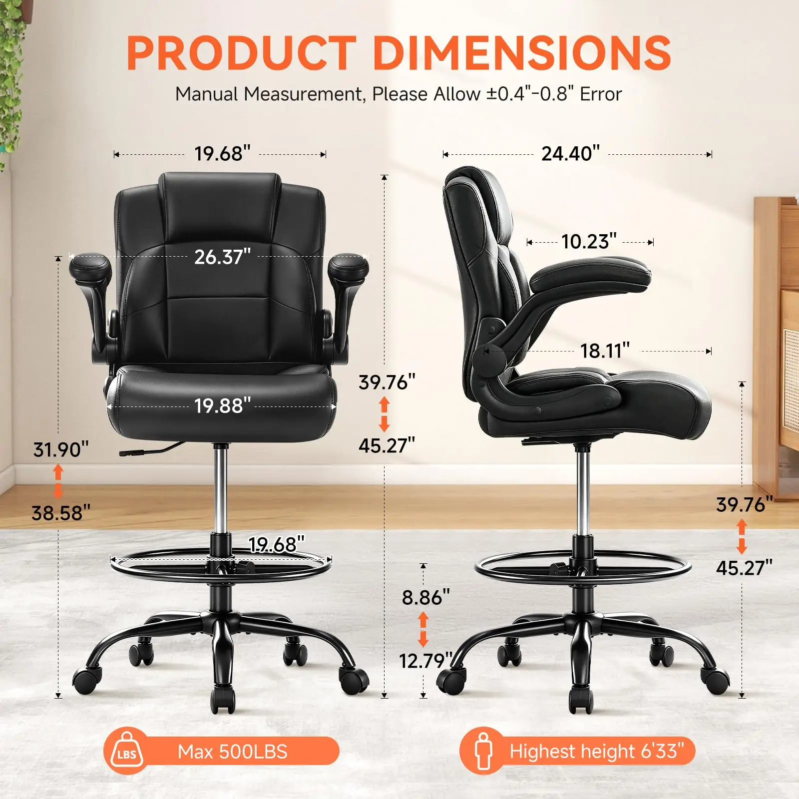 Pu Leather Drafting Chair,Tall Office Chair for Standing Desk with Footring,Counter Height Adjustable High Office Chair