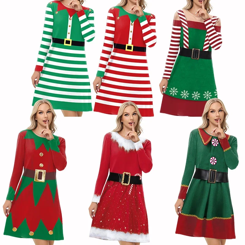 Frauen Weihnachten Cosplay Kleid Elf Langarm Kleid Santa Claus Cosplay Kostüm Neue Jahr Dress Up Party Karneval Frauen Robe