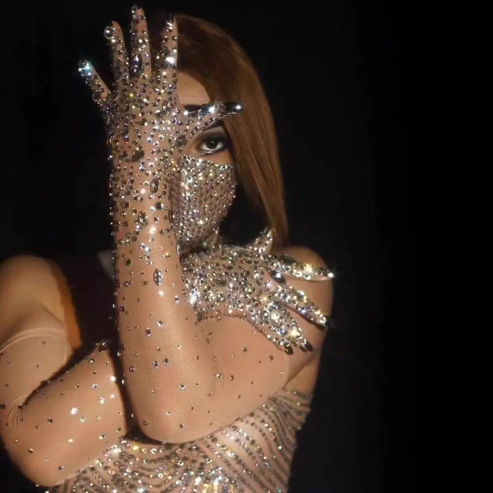 Elegant Sparkling Rhinestone Gloves Stretch Luxurious Crystal Mesh Gloves Thin Full-Finger Perspective Gloves Women