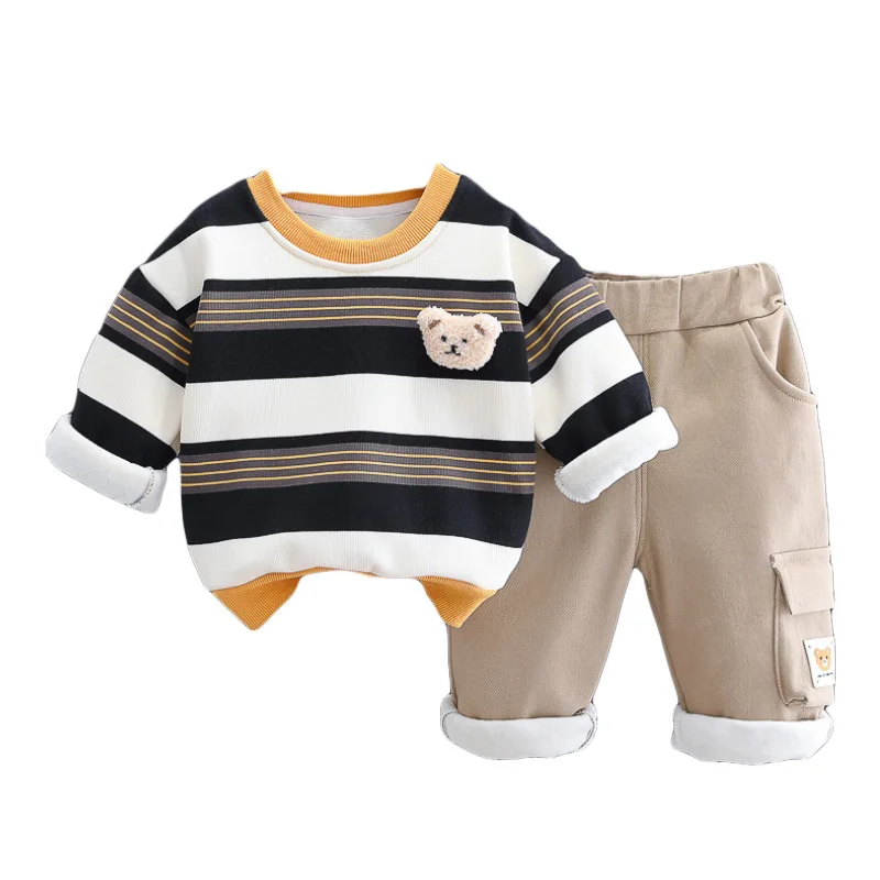 Autumn Winter Children Clothing Sets Toddler Baby Boys Stripe Sweatshirt Pants Warm Plush Kids Tracksuit Infant Clothes Outfits