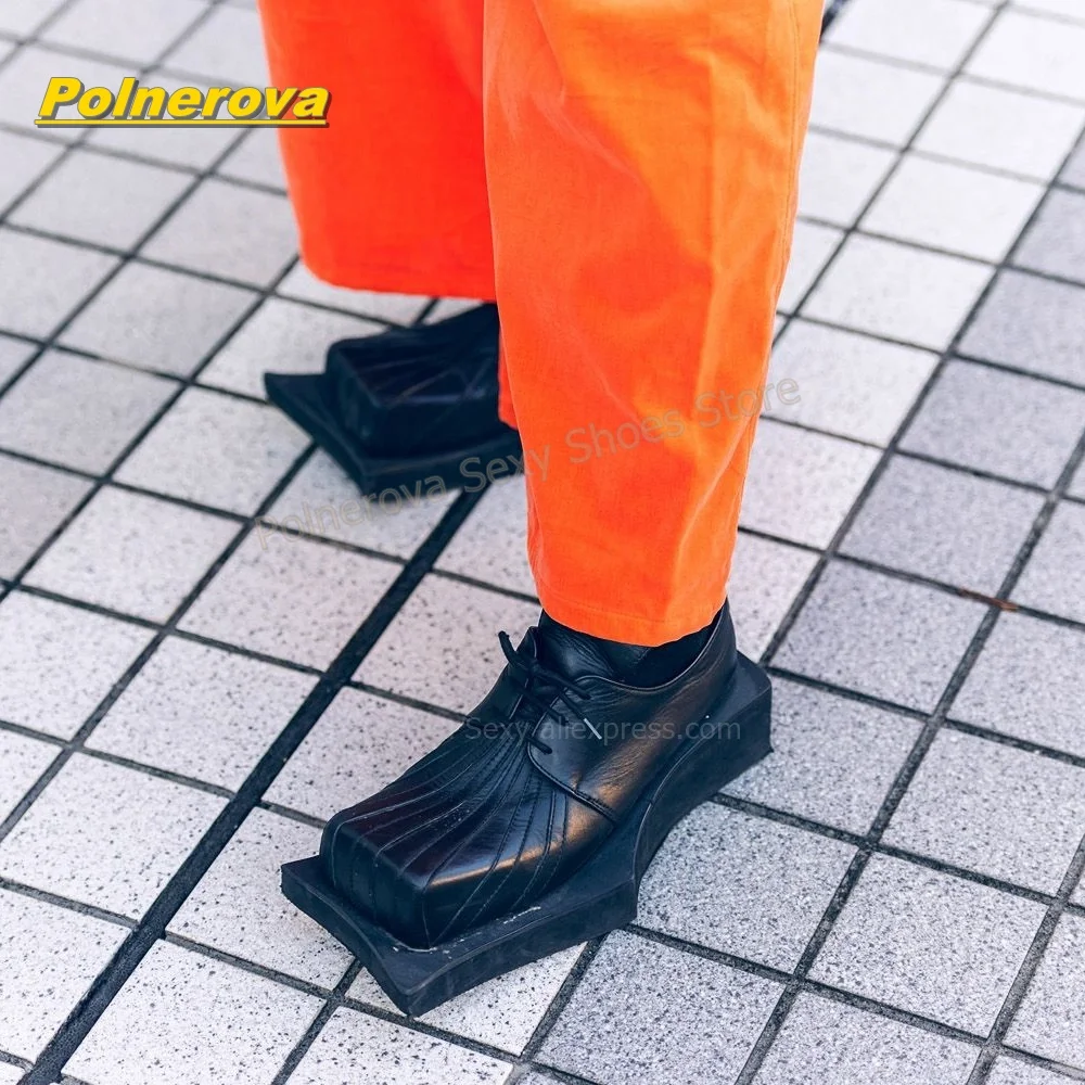 Avant Garde Square Toe Loafers Shoes Irregular Wavy Platform Sole Lace Up Dark Y2K Fashion Footwear for Art Show 2026 New Trend