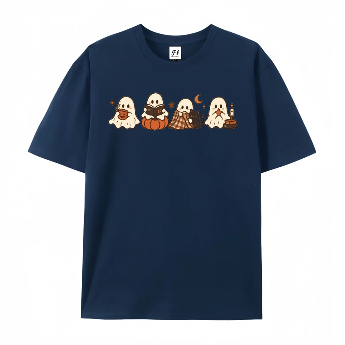 Cute Halloween Ghosts Row T Shirt Fall Spooky Season Graphic Tee Ghost Black Cat Pumpkin Candle Retro Autumn Women Daily Shirt