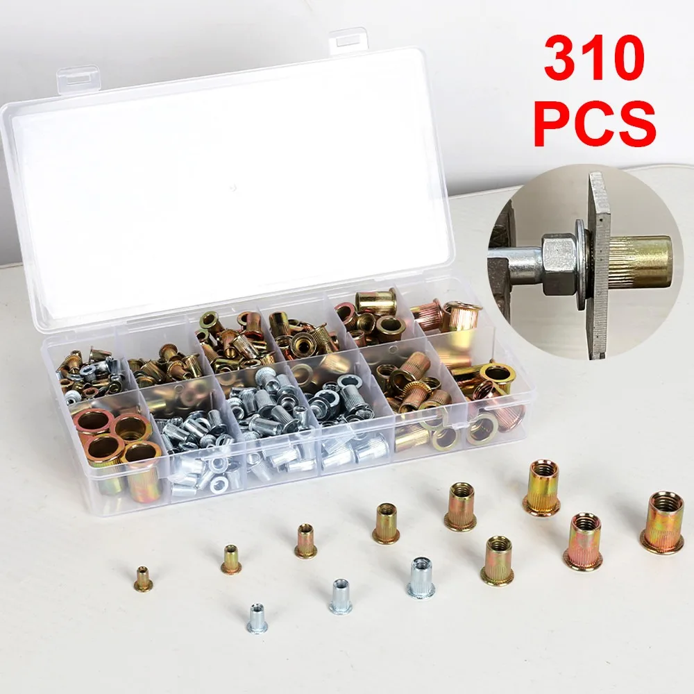 310Pcs M3‑M12 Vertical Pattern Rivet Nut Box Set Galvanized Steel & Aluminum Threaded Rivnut Insert for Sheet Metal Repair