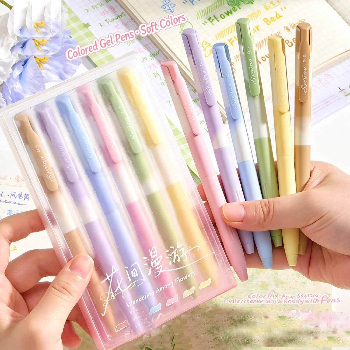 Spring Floral Pastel Colored Retractable Gel Pens, Comfort Extended Grip Smooth Writing Pens 6 Count for Diary Craft Holiday Pr