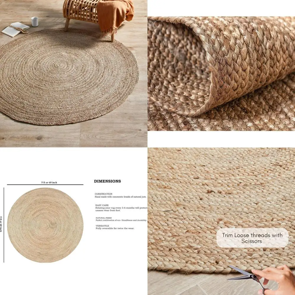 

Круглый джутовый ковер - диаметр 5 футов - натуральный бежевый - двусторонний, винтажный, плетеный, для дома