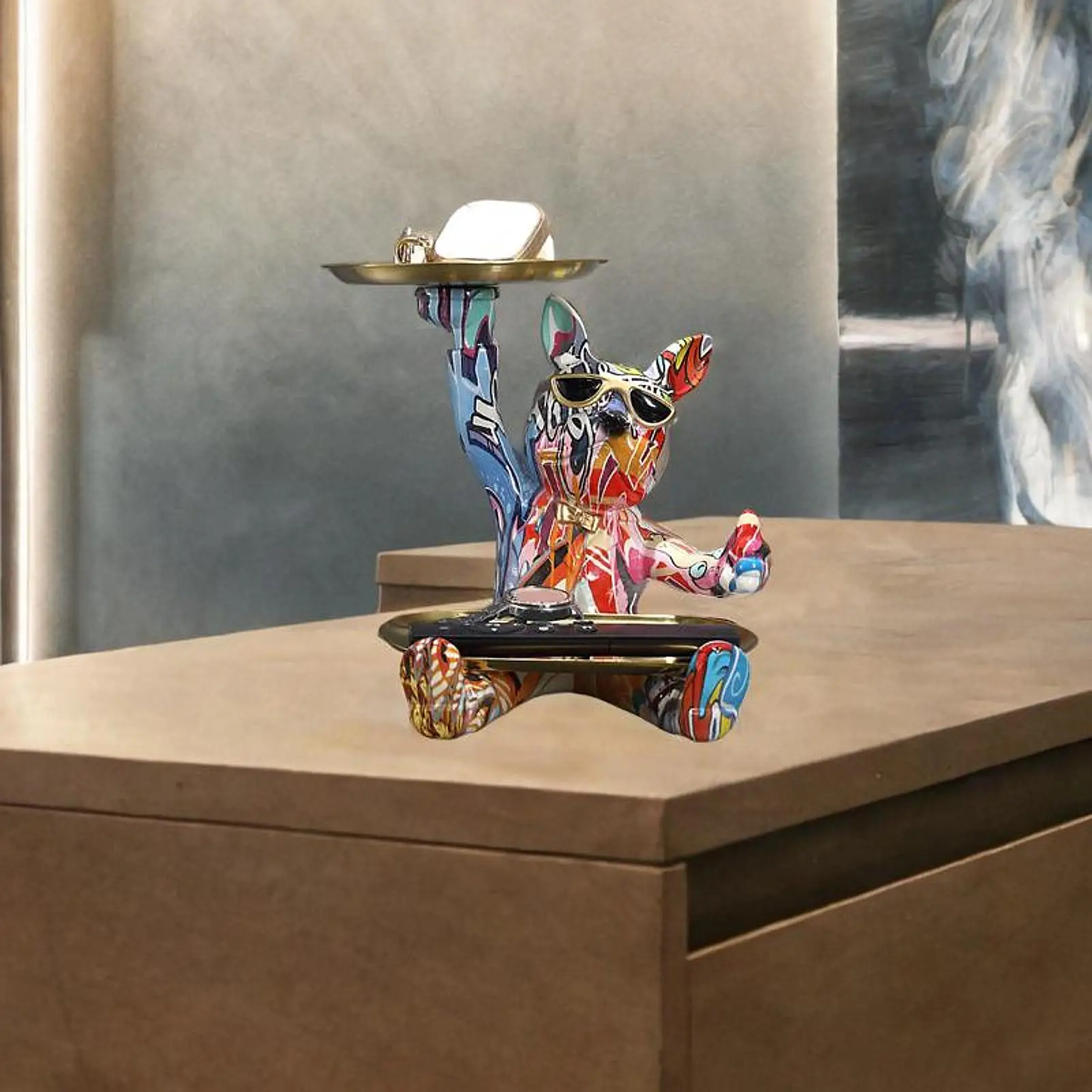 Resin Art Bulldog Candy Dish Decorative Dog Ornament Figurines Storage Container for Entry Table and Cabinet