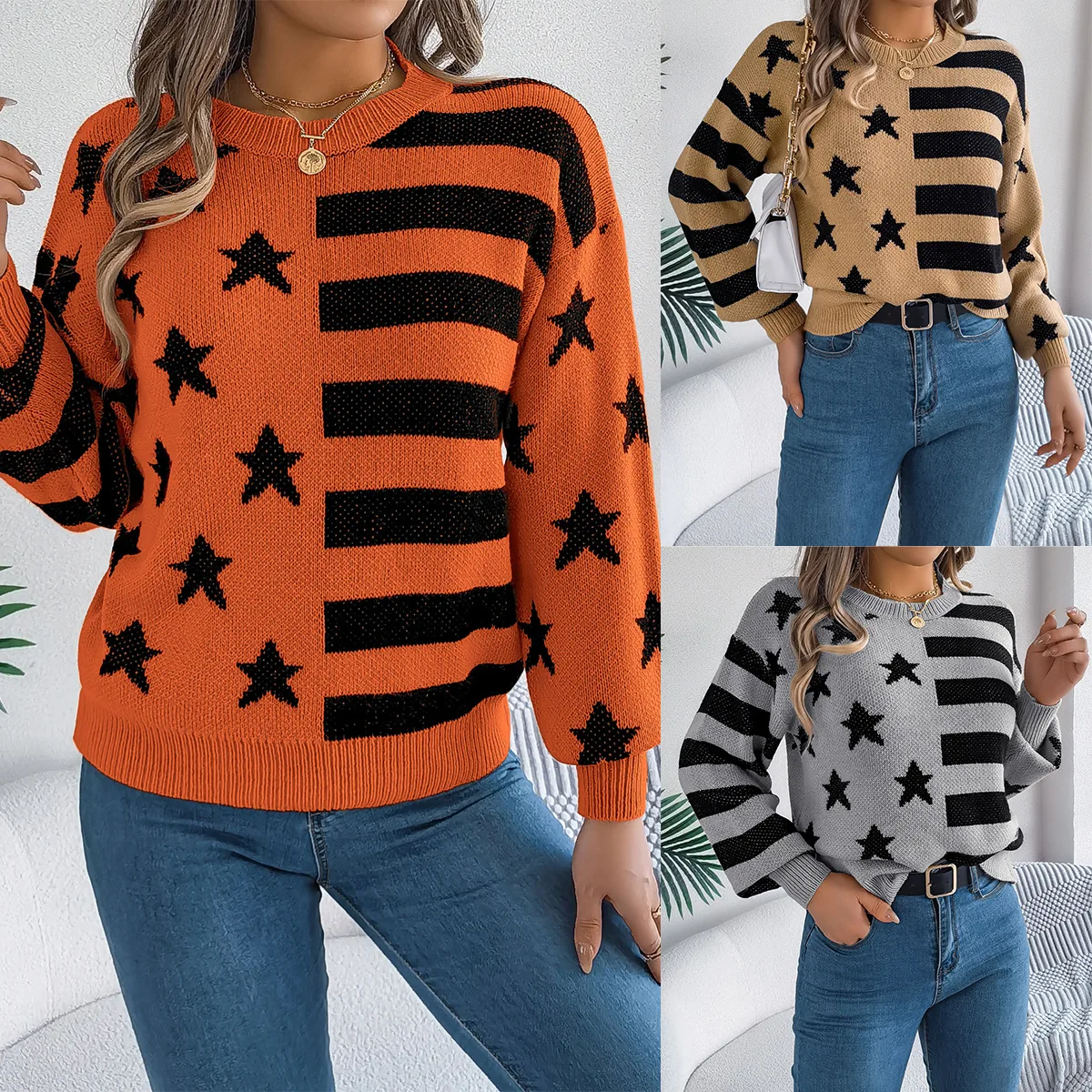 Nouveau Pull Femme Pull Halloween thème col rond Pull à manches longues automne et hiver chaud lanterne manches Pull haut Femme