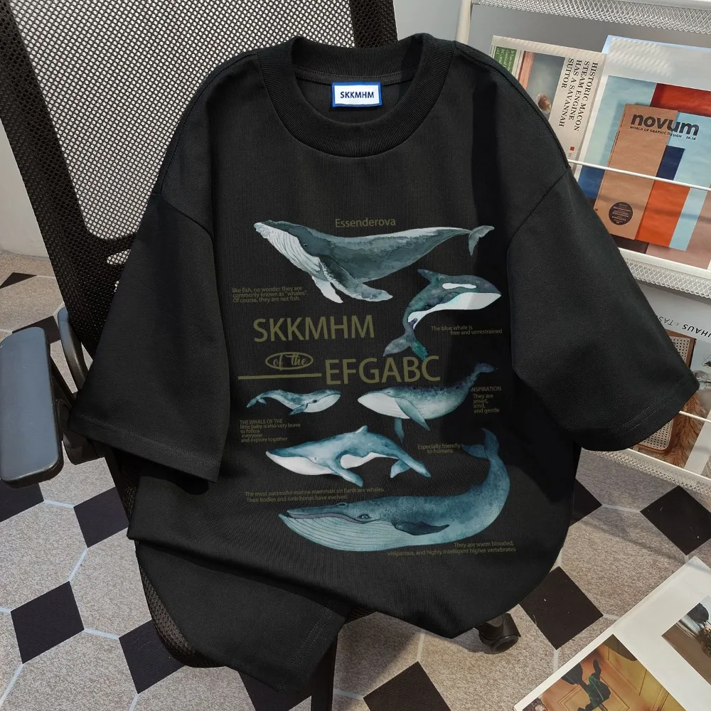 American Hip Hop Whales Funny Creative T Shirts Men Harajuku Couples Loose Oversized Summer Tops Pure Cotton Casual Short Sleeve