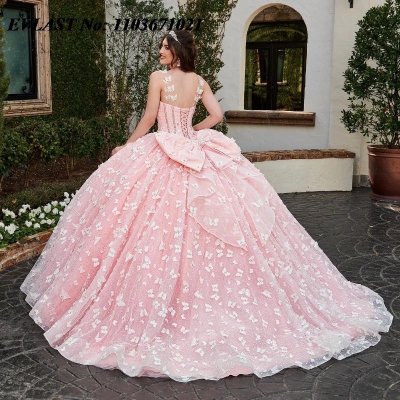 EVLAST Customized Pink Quinnceanera Dress Ball Gown Butterflies Applique Beaded Bow Corset Sweet 16 Vestidos De 15 Anos SQ531