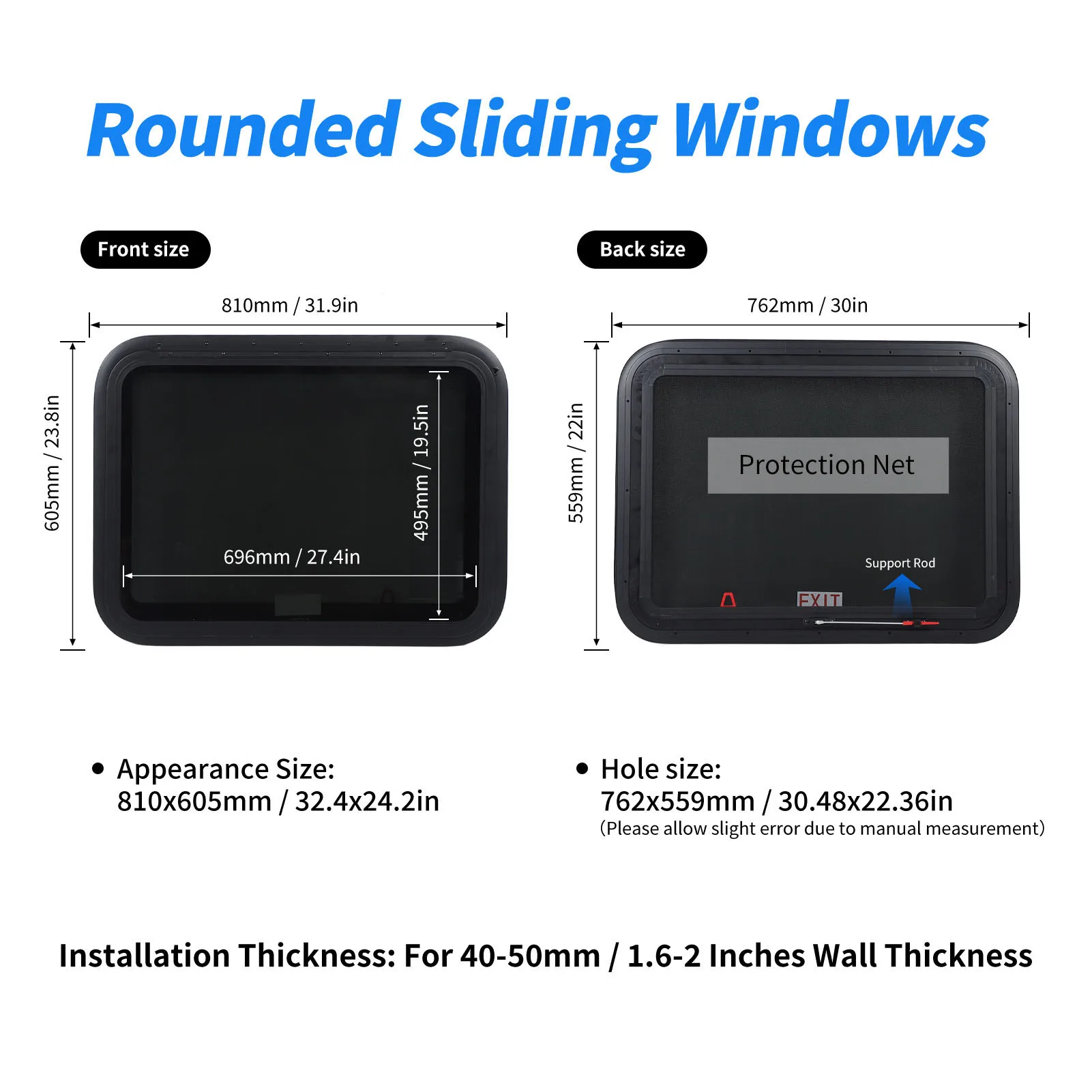RV 출입구 창문 762×559mm 프라이버시 강화 UV 강화유리 스크린 및 트림 키트 포함 팝아웃 출입구 RV 트레일러 캠퍼용