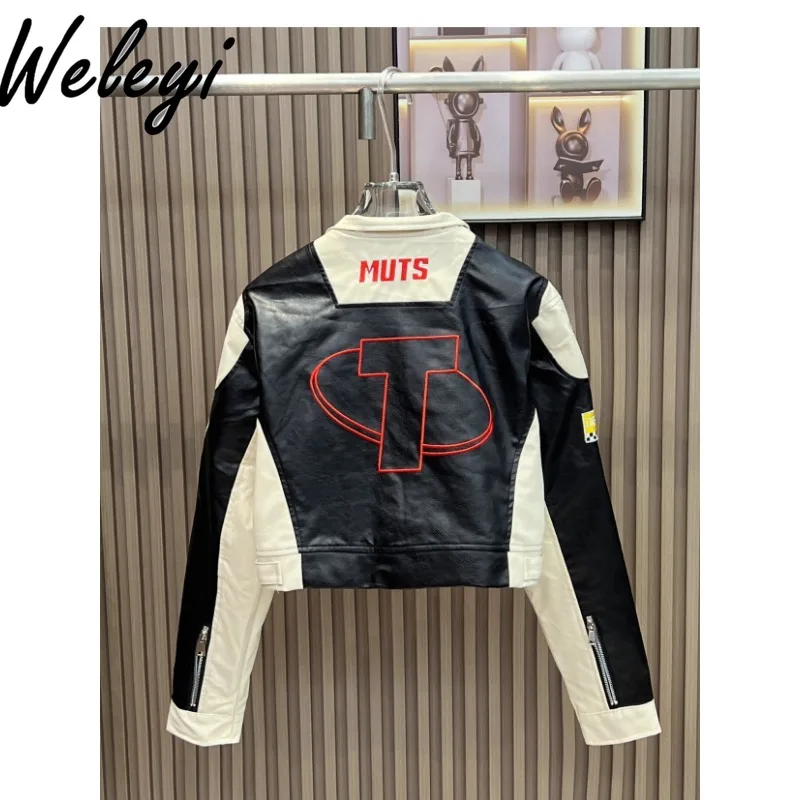 Motorcycle Cool Girl Letters Embroidered PU Leather Jacket 2025 Autumn New Women\'s Stand Collar Zipper Long Sleeve Black Coat