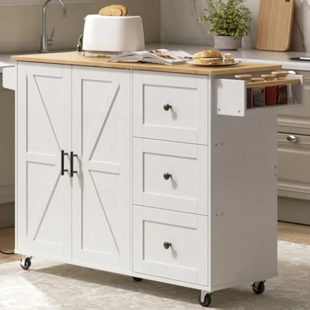 Kitchen Island with Power Outlet, Kitchen Island on Wheels, Rolling Kitchen Island Cart with 3 Drawers