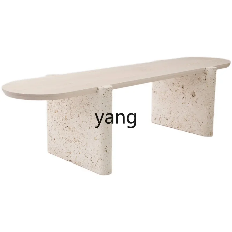 CX natural travertine coffee table, simple solid wood wabi-sabi wind living room creative long low table