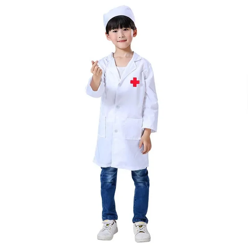 

Primary School Students Science Laboratory White Coat Children Doctor Nurse Cosplay Costume Including Hat