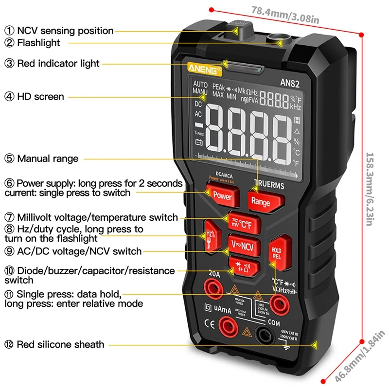 ANENG AN82 Professional Digital Multimeter 9999 Tester DIY Transistor Capacitor NCV Testers True RMS Analog Meter Black