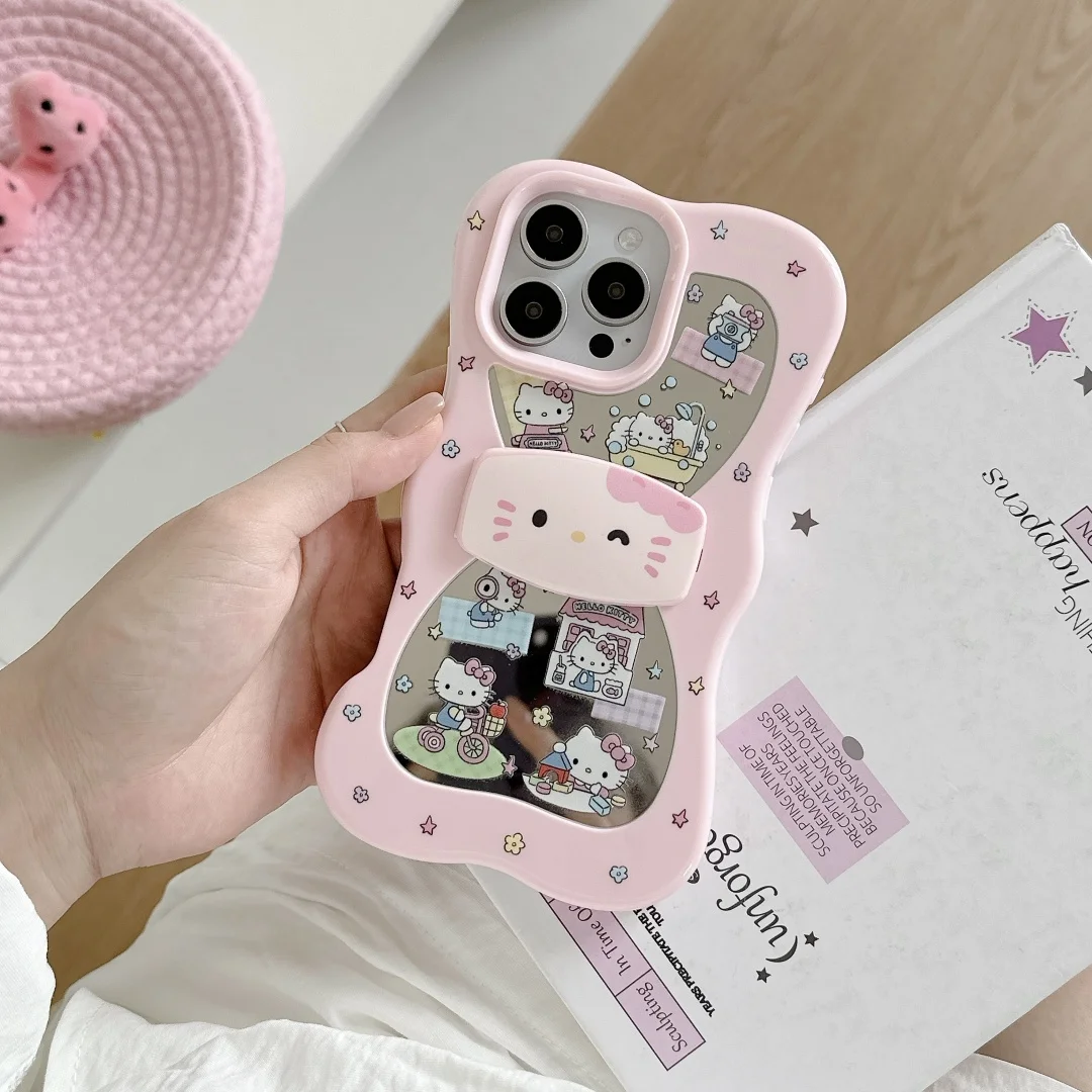 

Luxury Cute Hello Kitty Pink Bowknot Makeup Mirror Silicone Phone Case For iPhone 12 13 14 15 16 Pro Max Plus lovely Bow Cover﻿