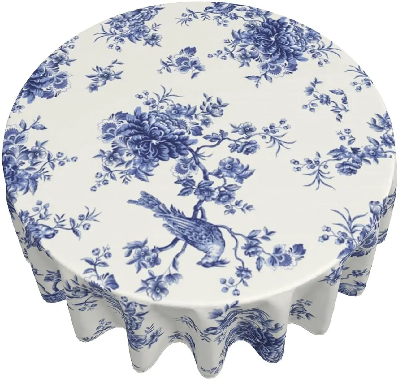 Floral Blue and White Spring Tablecloth Summer Birds 60\'\' Round Tablecloth with Wrinkle Resistant for Party Tabletop Dining Room