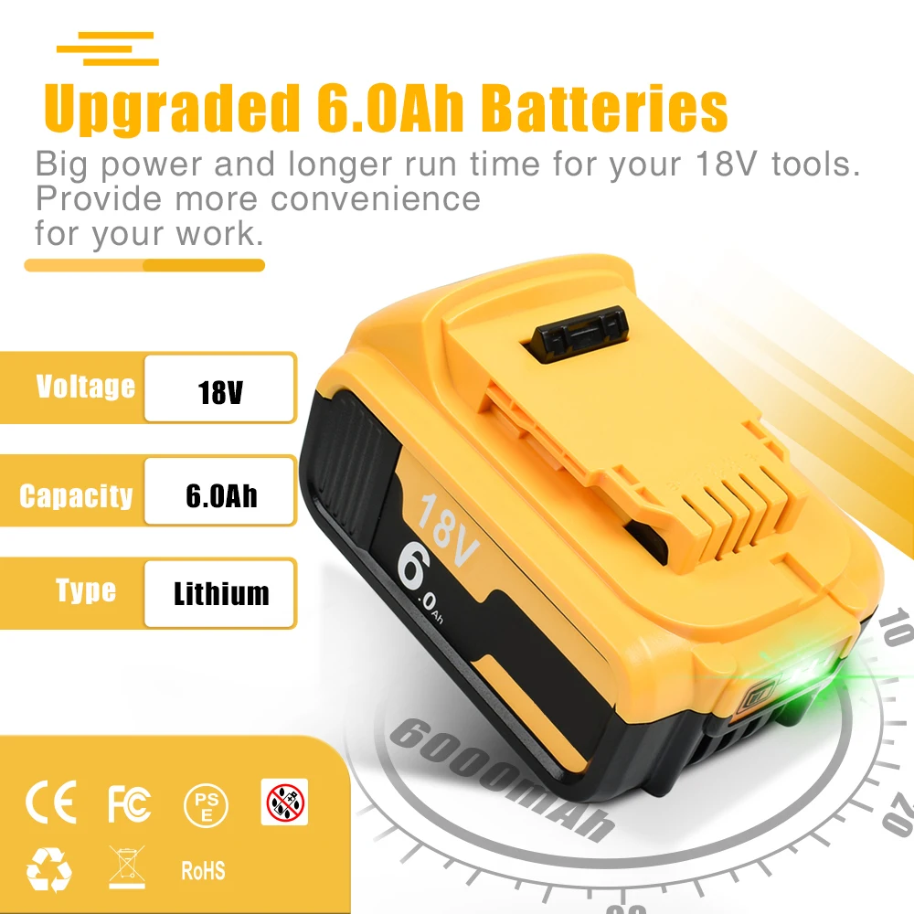 DCB200 20V 6000mAh Lithium Replacement Battery ,charger For Dewalt 18V DCB184 DCB200 DCB182 DCB180 DCB181 DCB182 DCB201 Battery