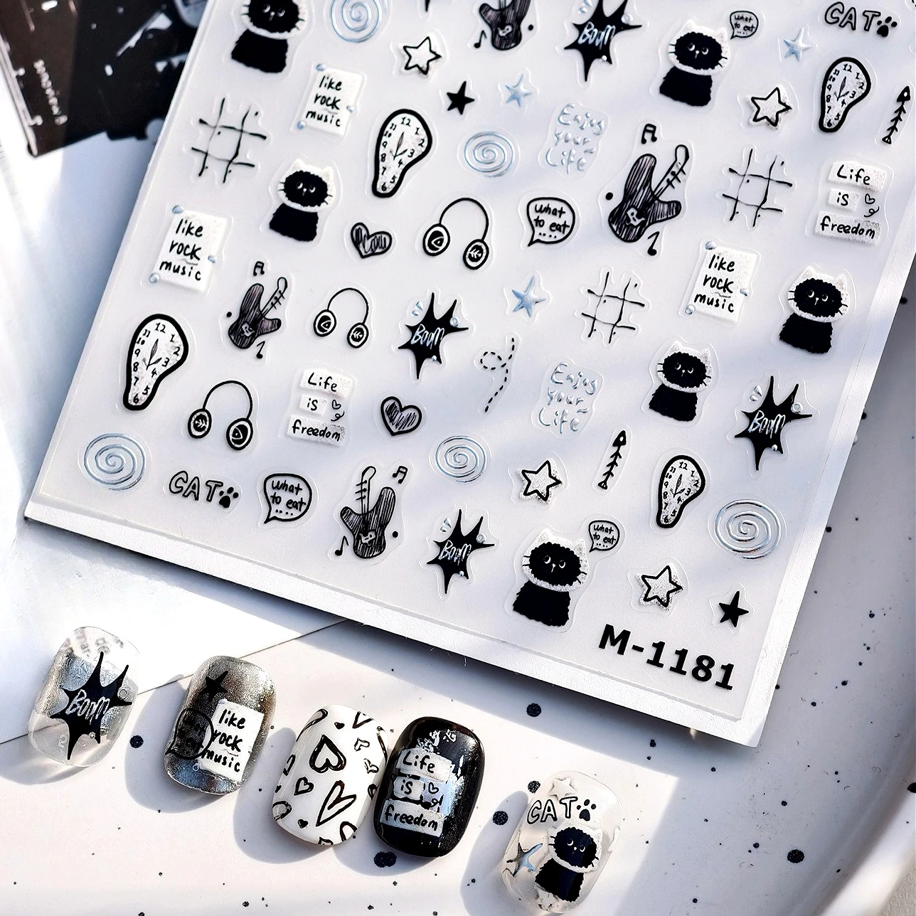 

Black Cat Clock Guitar Notes Dog Bear Apple Star Heart Flower Graffiti Line Cow Duck Cake Bowknot Cloud Nail Art Stickers Decals
