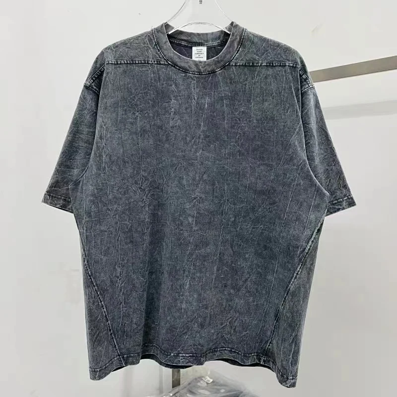 2024ss Summer Heavy duty Washed Gray Patchwork T-Shirt Man Woman Best Quality Loose Solid Color Casual Vintage Tops T Shirt