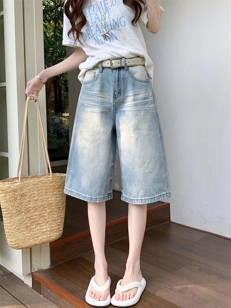 

Retro American Blue Washed Denim Jeans High Waist Slim Straight Leg Seven-Foot Women's Summer Casual High Waist Jeans