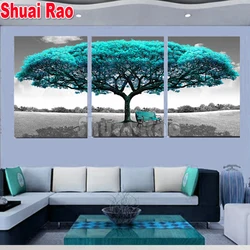 3 Pieces Blue Big Tree Diamond Painting Triptych Diamond Embroidery Mosaic Set Chair Pictures  Full Square/Round Drill,