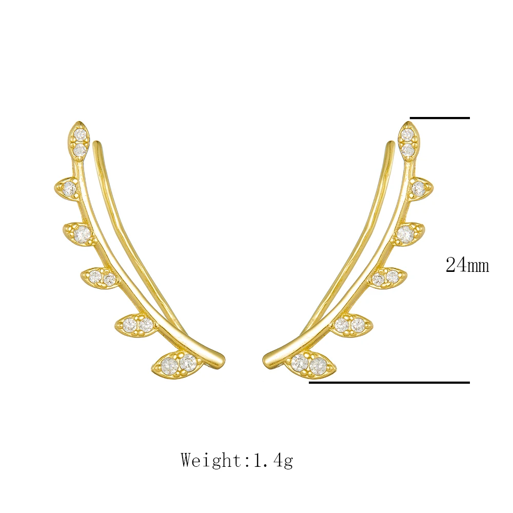 925 Sterling Silver 14K Gold Plated Leaf Branch CZ Ear Crawler Climber Earrings Women Minimalist Daily Fine Jewelry