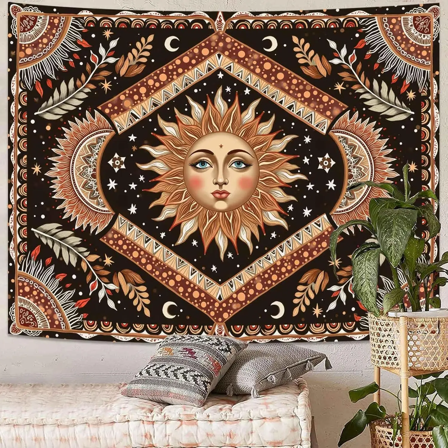 Wegklazax Sun and Moon Tapestry, Bohemian Tribal Geometric Cosmic Wall Art for Room Decor, Earthy Spiritual Home Decor