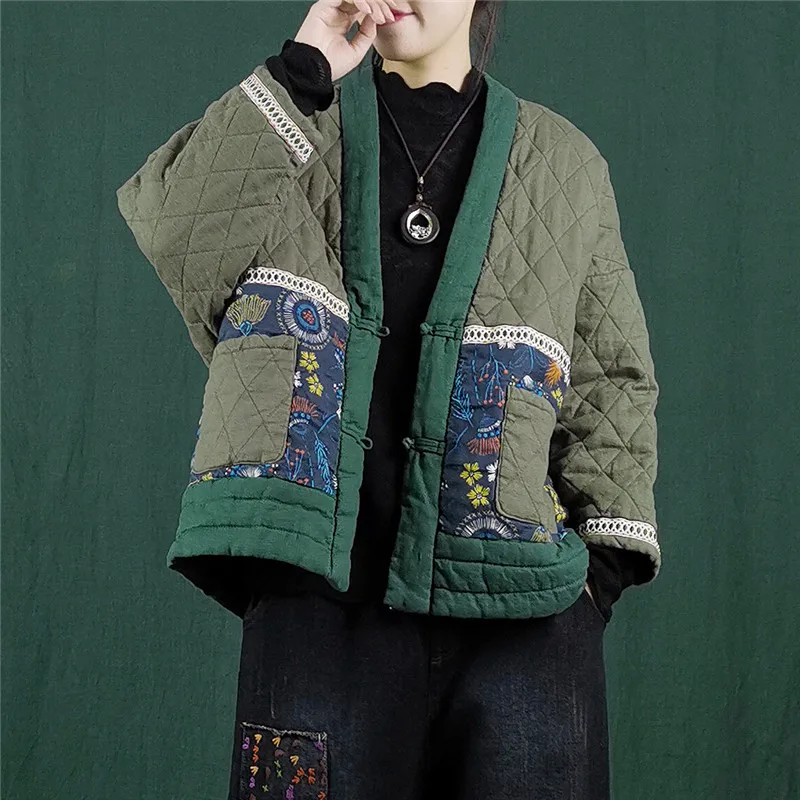 

Slimming V-Ne Cotton Jaet Women's Winter Ethnic Sle Embroidered Long Sve Coat Regular Fit Comfortable Cotton Outerwear