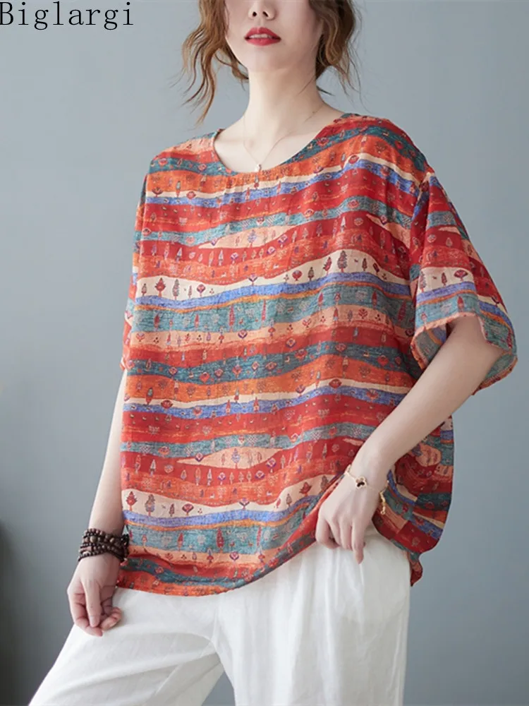 Oversized Red Striped Print T Shirt Summer Women Casual Loose T-Shirt Korean Ladies Womens Cotton Hemp Woman Vintage TShirt Tops