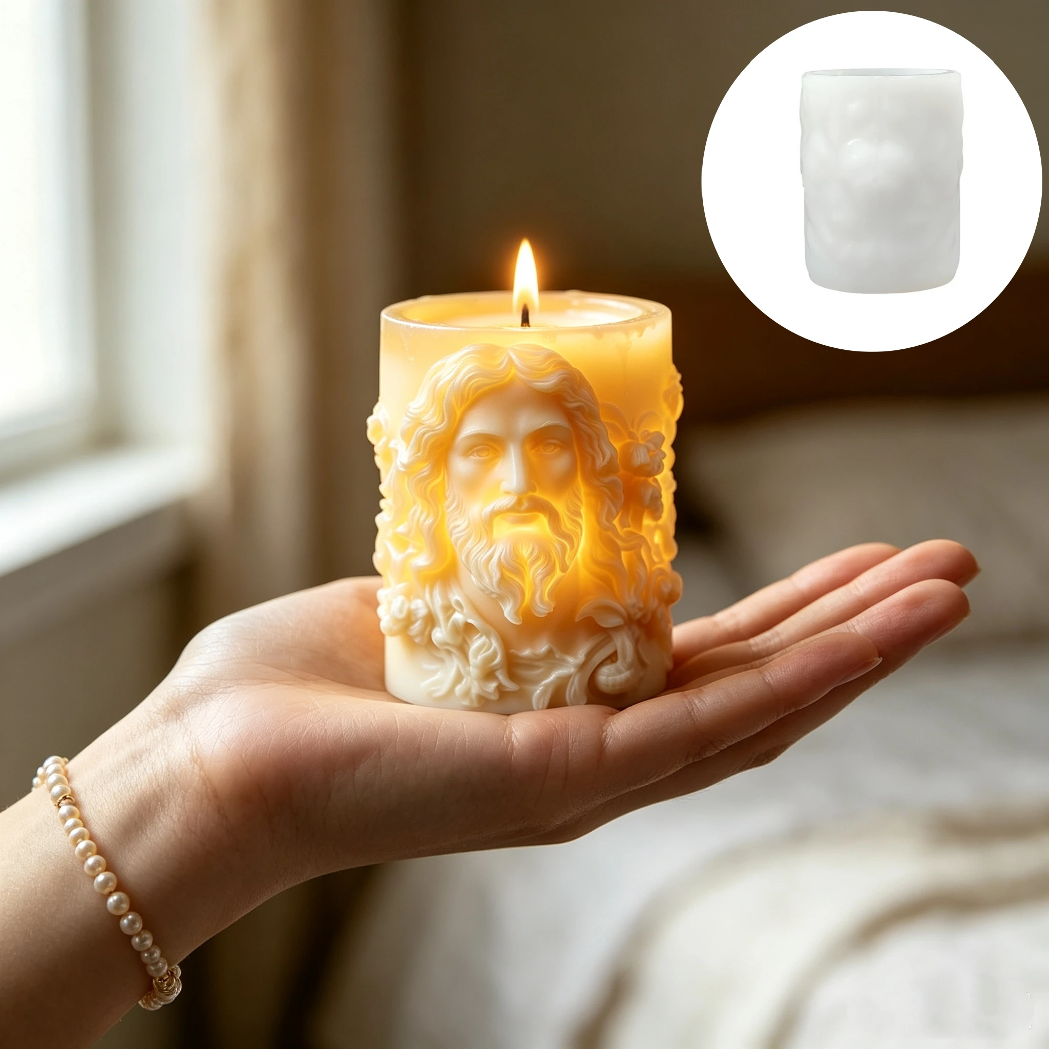 Jesus head relief cylindrical candle silicone mold, finely carved figure candle making mold, suitable for DIY candle making