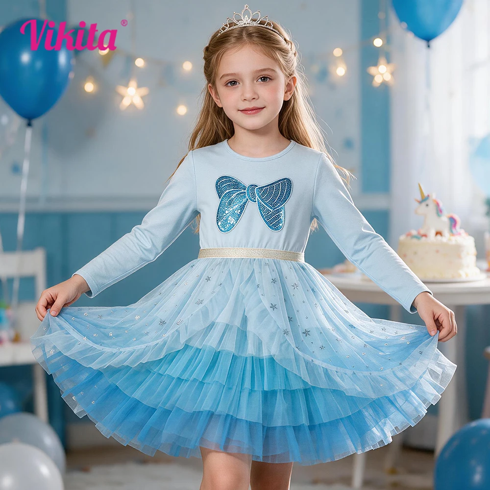 VIKITA Girls Light Blue Long Sleeve Dress with Sparkling Sequined Bow Kids Glitter Star Tulle Mesh Layered Princess Tutu Dresses