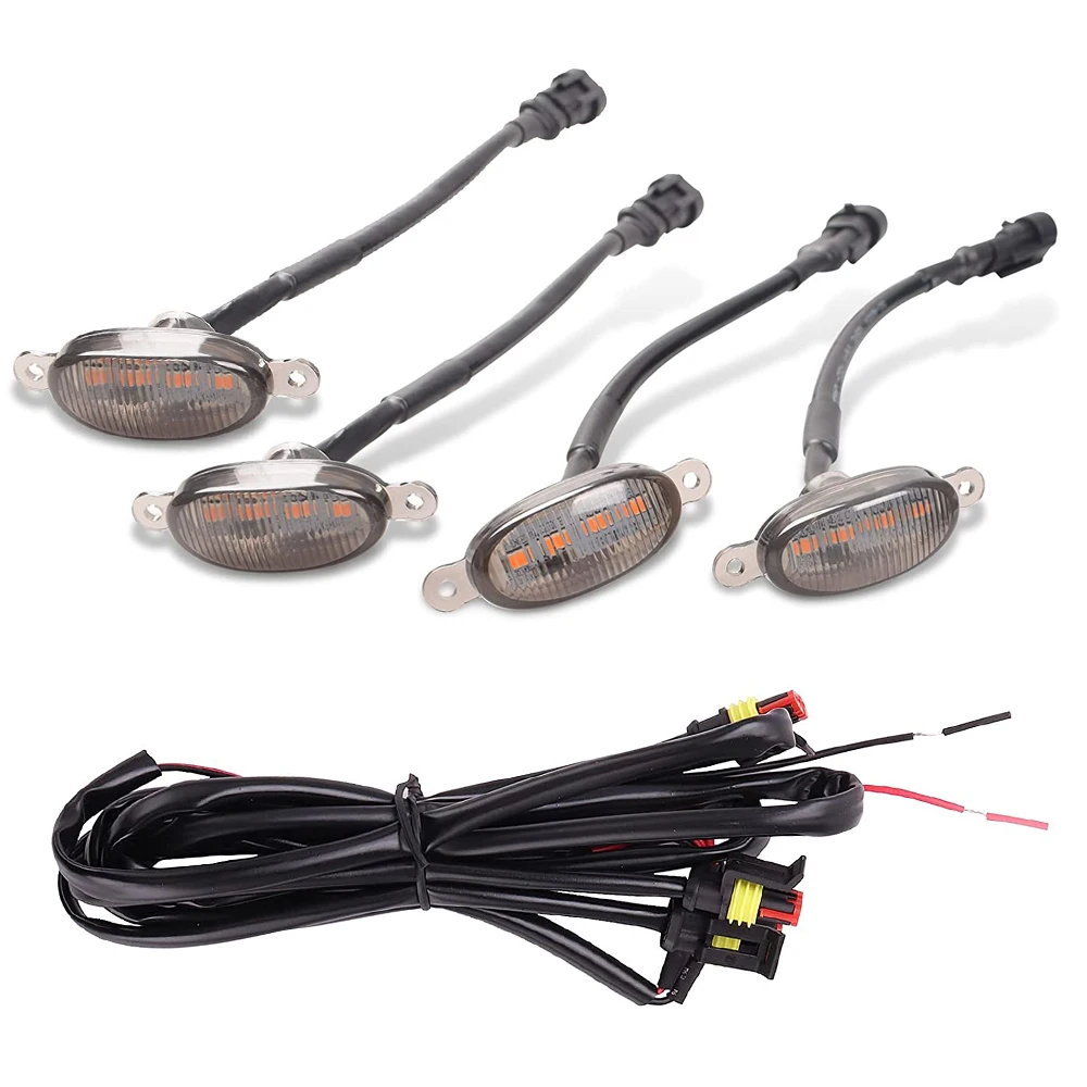 4pcs/set Universal Car LED Grille Light Yellow Amber Decoration Lights Wire Harness Daytime Running Grill Light Fog Lamp 12V