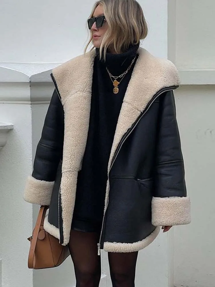 Plush Jackets Women Winter Warm Thick Fur Coat Lady Vintage Fashion Fluffy Overcoat Female Loose Motorcycle PU Jacket Streetwear