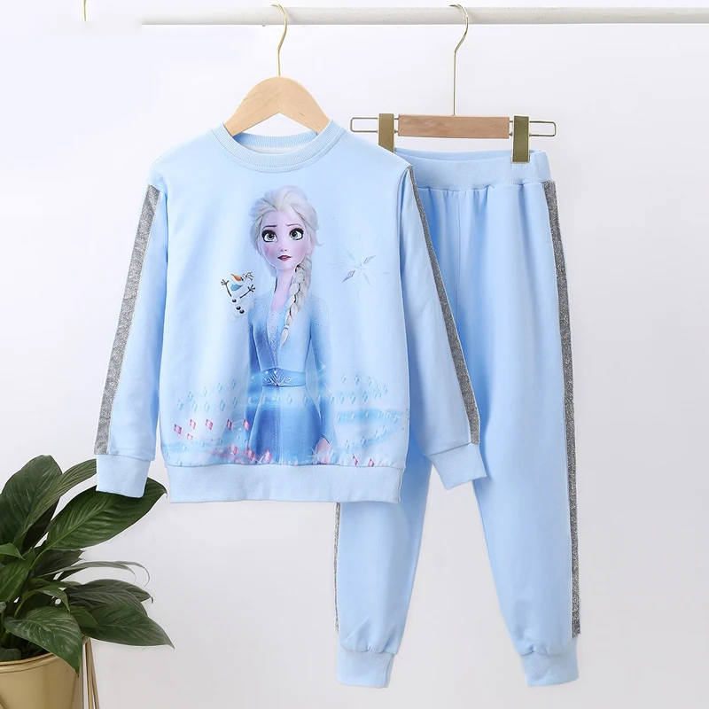 Disney Quality Cotton Girls Set Frozen Elsa Kids Clothes Long sleeves Children Pullover Sweatshirts+Sports Pants 2pc Sportswear