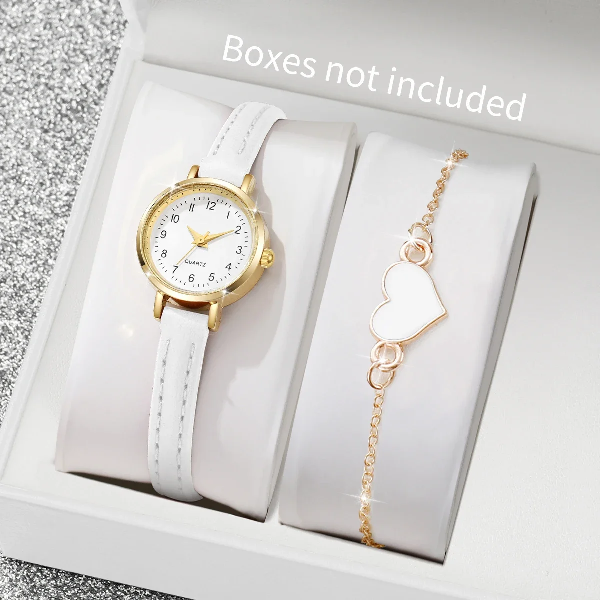 Elegant Gold Round Watch Set for Women White Dial Quartz Wristwatch + Heart Bracelet Fashion Jewelry Combo