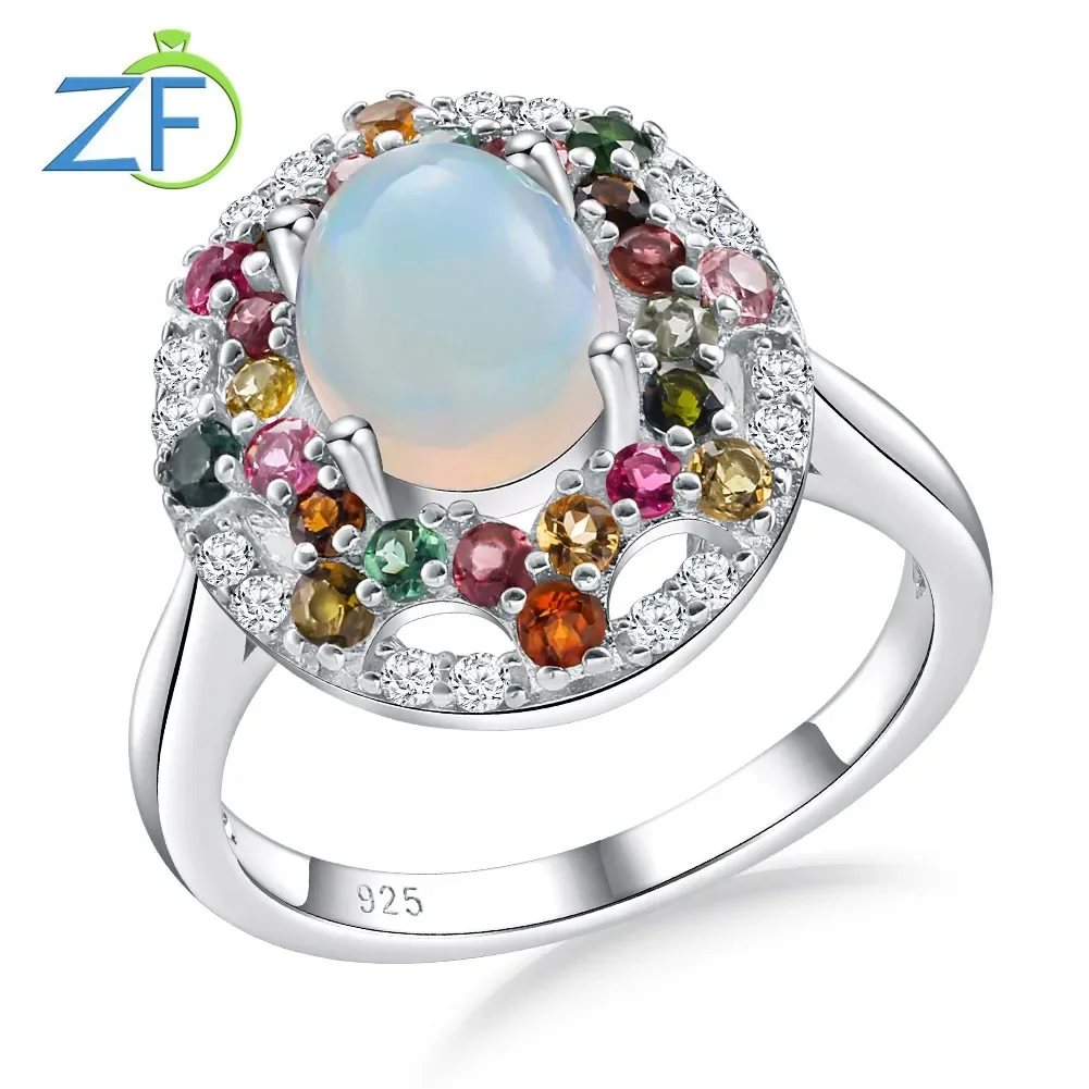 GZ ZONGFA Women's Opal Eternity Ring Natural Opal&Tourmaline Big Gemstone Halo Ring 925 Silver Huggies Engagement Luxury Jewelry