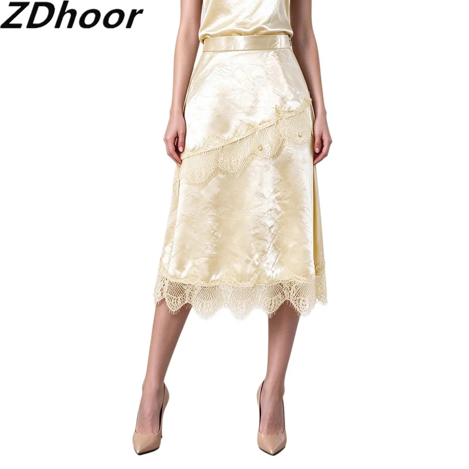 Women Lace Trim Satin Skirts Side Invisible Zipper Back Split Skirts for Casual Daily Life Cocktail Party Office Work