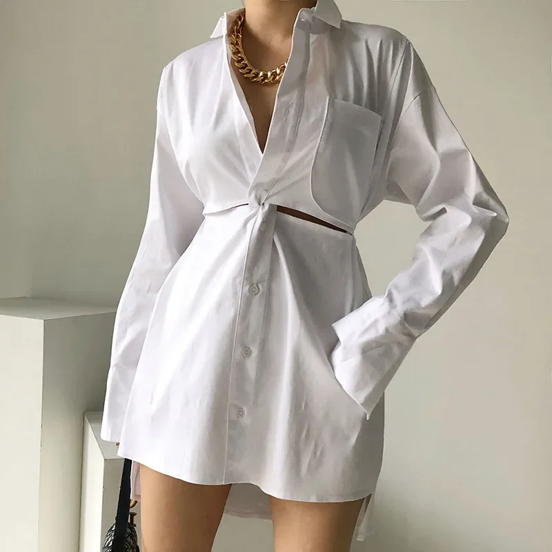 Chic Hollow Out White Shirt Dress Summer Fashion Loose Design Cross Front Mini Dress Long Sleeve Casual Irregular Long Shirt