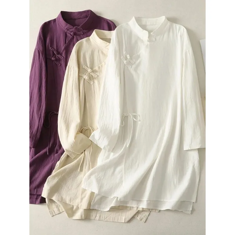 ชุดเดรสผ้าลินินสไตล์จีนสำหรับผ - Casual Loose Linen Shirt Dress บทวิจารณ์และราคา