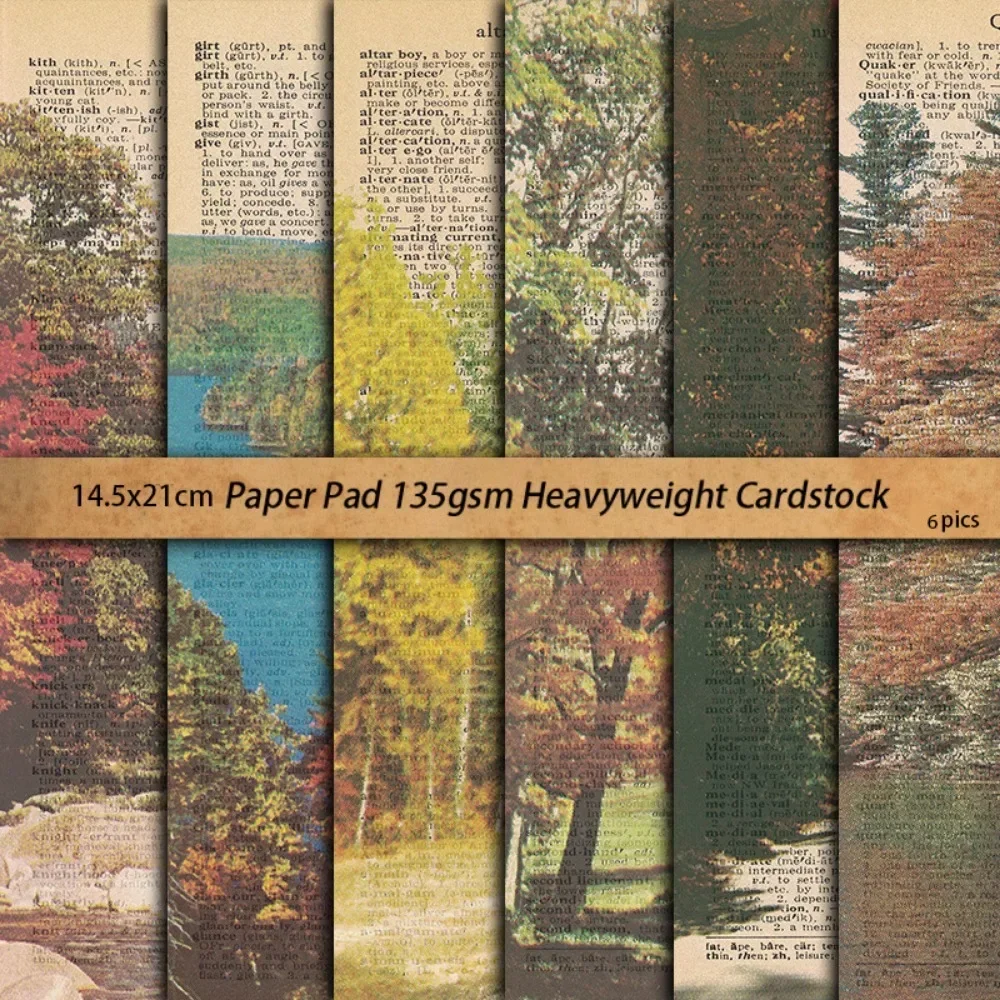 6Pcs/Pack Retro Autumn Trees and Leaves Dictionary Collage Scrapbook Materials Notebook Student Stationery Background Decoration