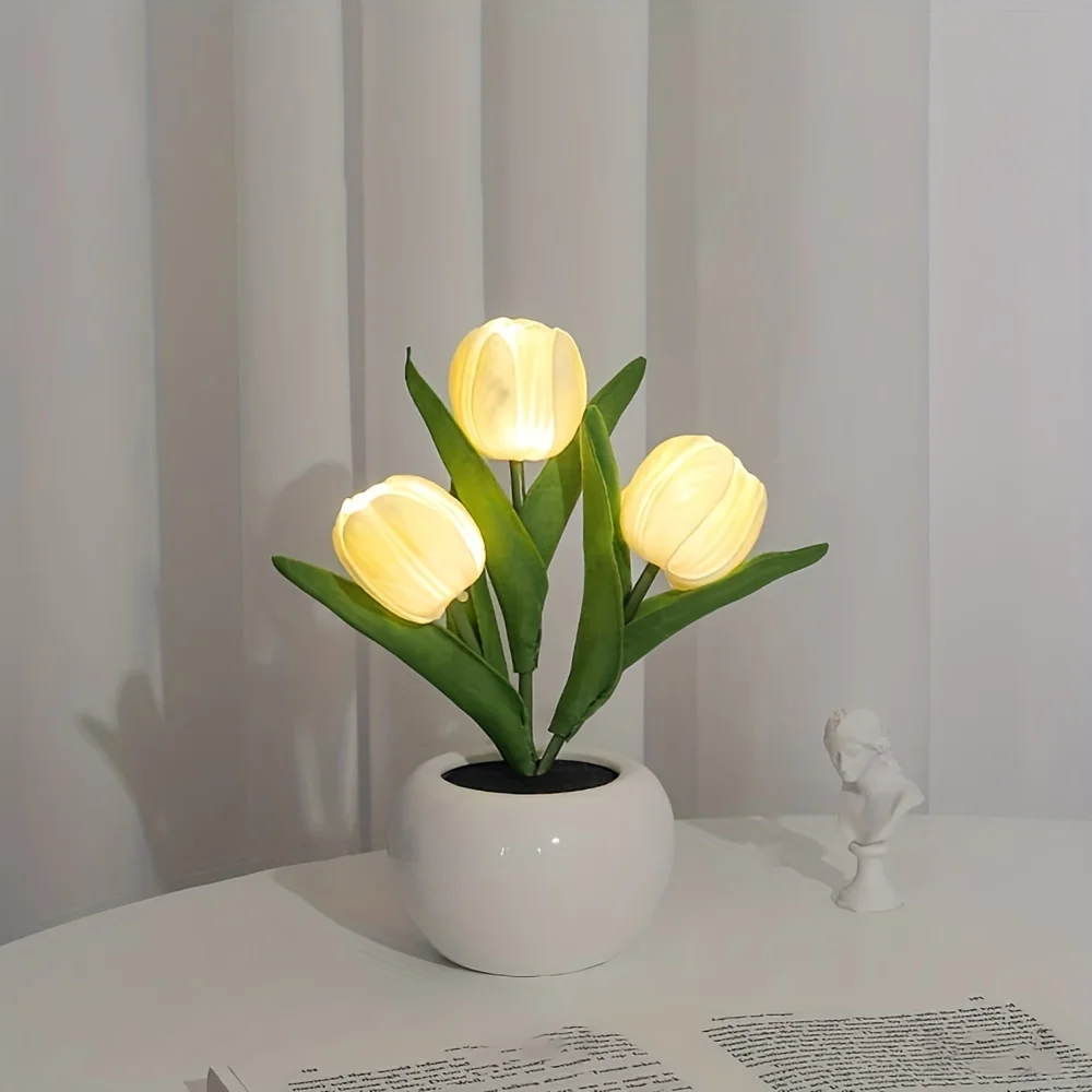 LED Tulip Simulation Night Light - Romantic Vase Decor - Tabletop Accent for Living Room, Gift Idea - Enhance Home Aesthetics