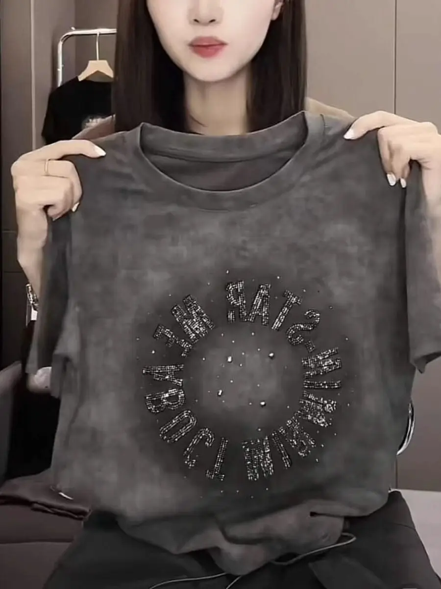 

Letter Embellished Short Sleeve T-Shirt Women's Summer Loose Fit Round Neck Top