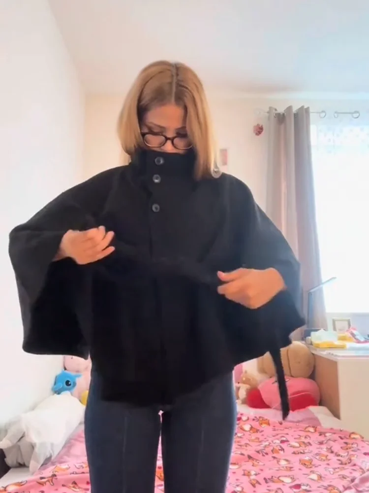 Fashion Women's Lace Up Woolen Cape Coat Loose Stand Collar Batwing Sleeve Button Black Gray Jacket 2025 Autumn Streetwear