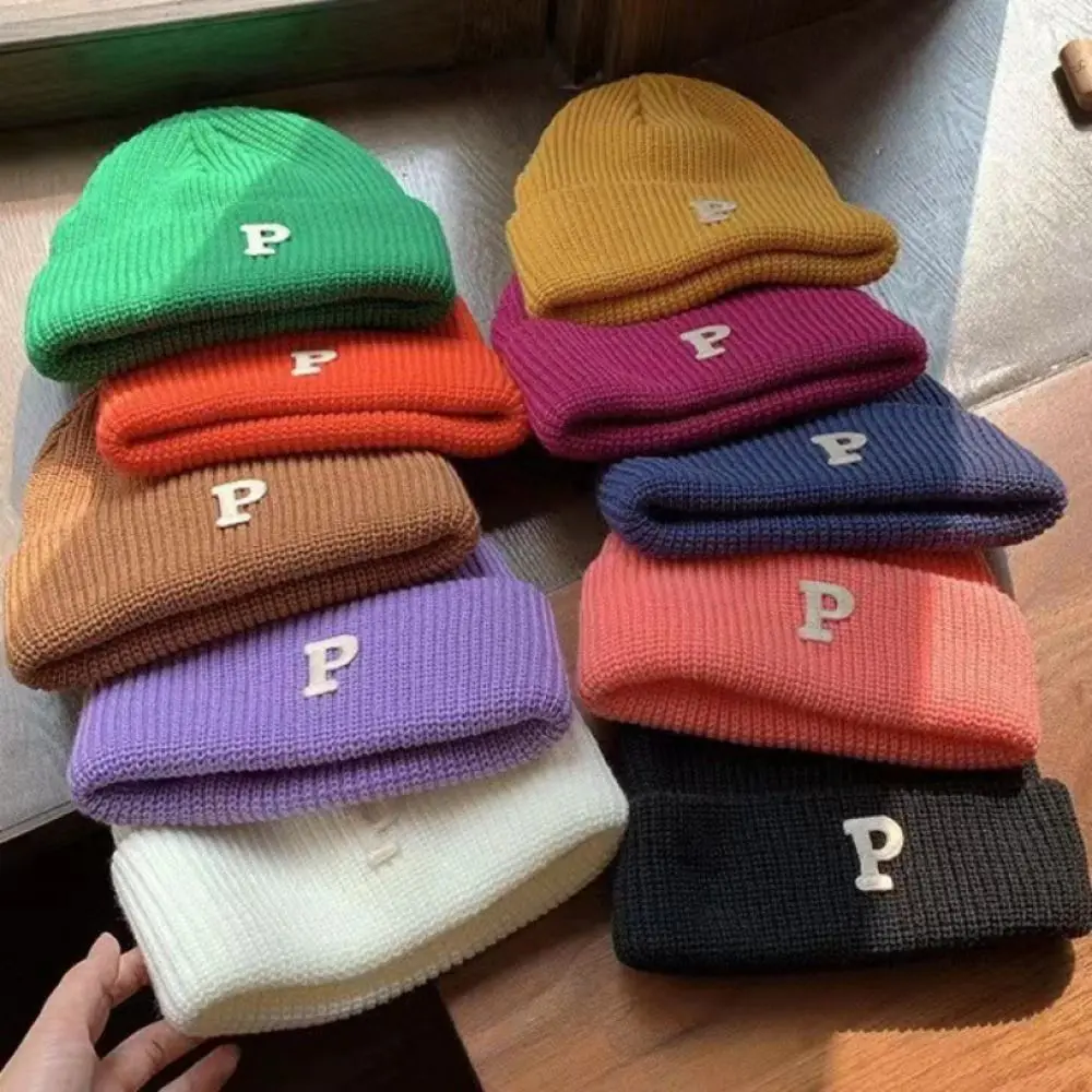 Women Knit Beanie Hat Casual Winter Warm Fleece Warm Knitted Hat P-letter Woolen Yarn Knitting Cap Hat Cuff Knit Beanie