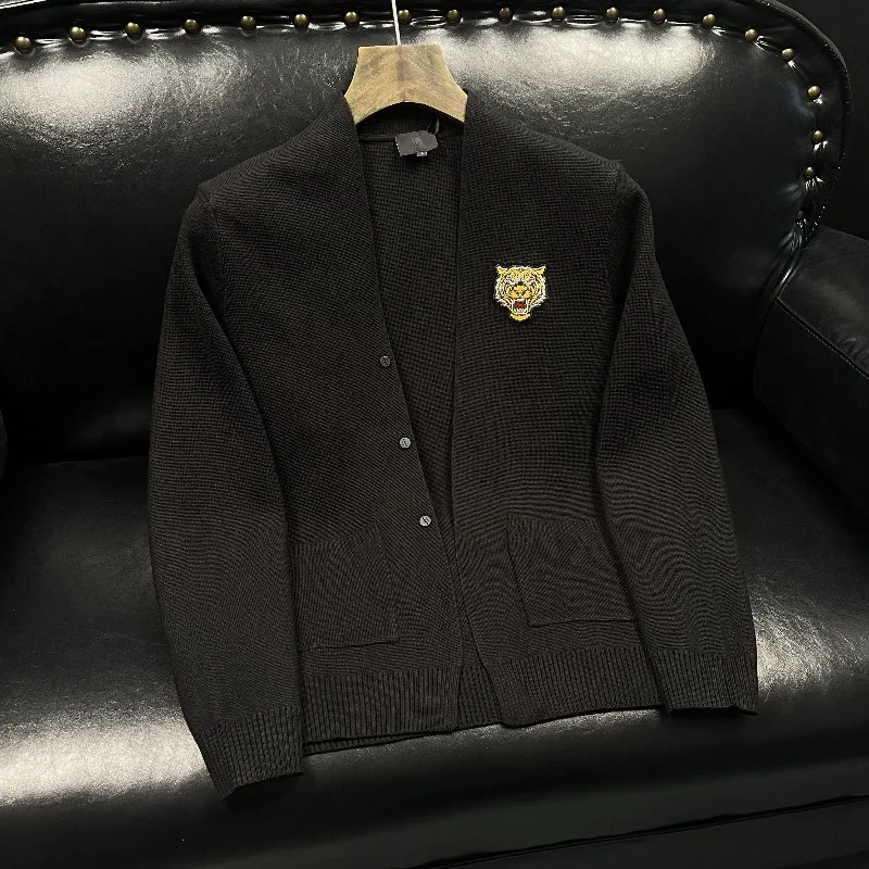 

Autumn Winter Knitted Cardigan Jacket for Men Light Luxury Embroidery Collarless Sweater Coat Social Versatile Cardigan Hombres