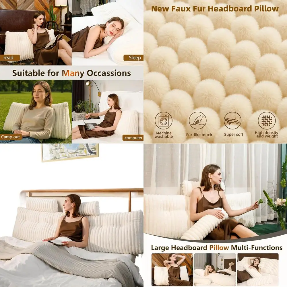 

King Size Faux Fur Headboard Pillow with Triangular Wedge Backrest, Removable Head Roll, and Side Pocket for Reading Support in