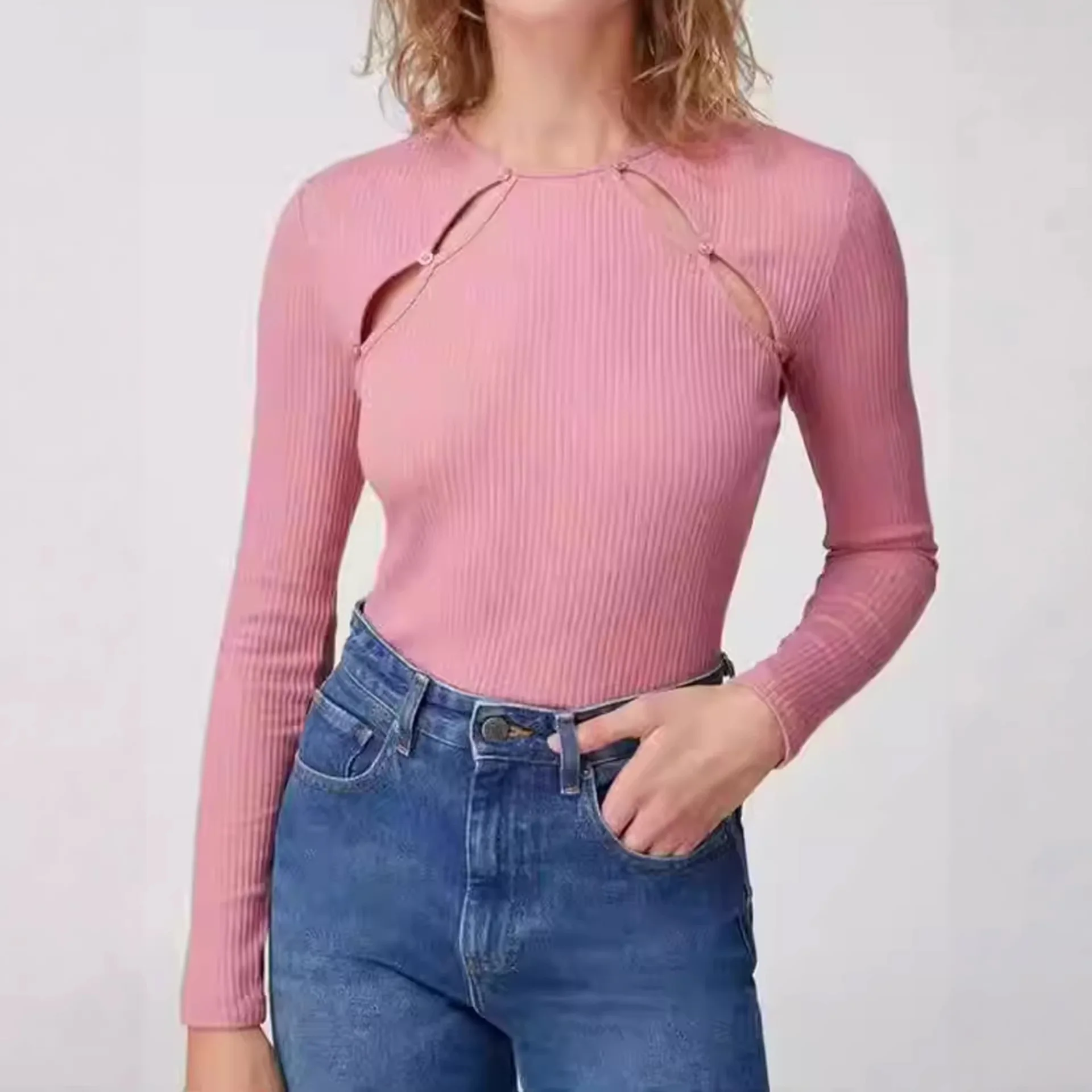 

Женский тонкий трикотажный свитер Slim Fit из хлопка с вырезами, однотонный розовый, во французском стиле, с эффектом похудения